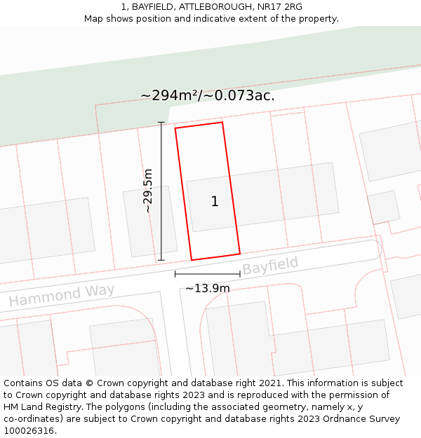 1, BAYFIELD, ATTLEBOROUGH, NR17 2RG: Plot and title map