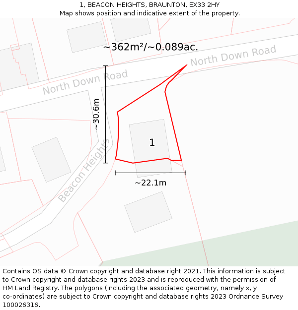 1, BEACON HEIGHTS, BRAUNTON, EX33 2HY: Plot and title map