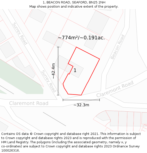 1, BEACON ROAD, SEAFORD, BN25 2NH: Plot and title map