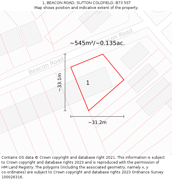 1, BEACON ROAD, SUTTON COLDFIELD, B73 5ST: Plot and title map
