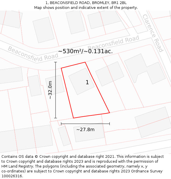 1, BEACONSFIELD ROAD, BROMLEY, BR1 2BL: Plot and title map