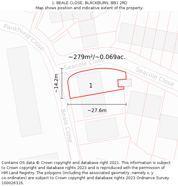 1, BEALE CLOSE, BLACKBURN, BB1 2RD: Plot and title map