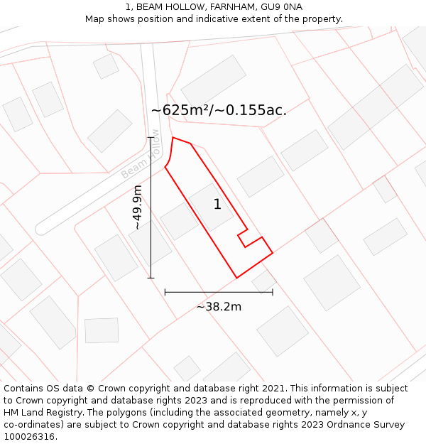 1, BEAM HOLLOW, FARNHAM, GU9 0NA: Plot and title map