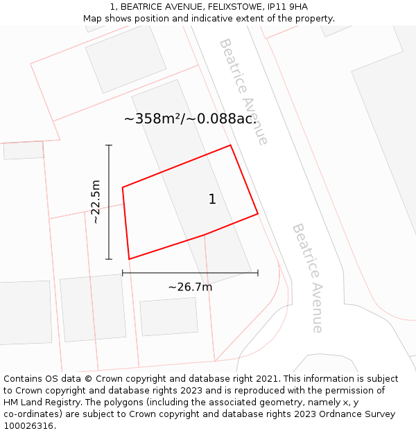 1, BEATRICE AVENUE, FELIXSTOWE, IP11 9HA: Plot and title map