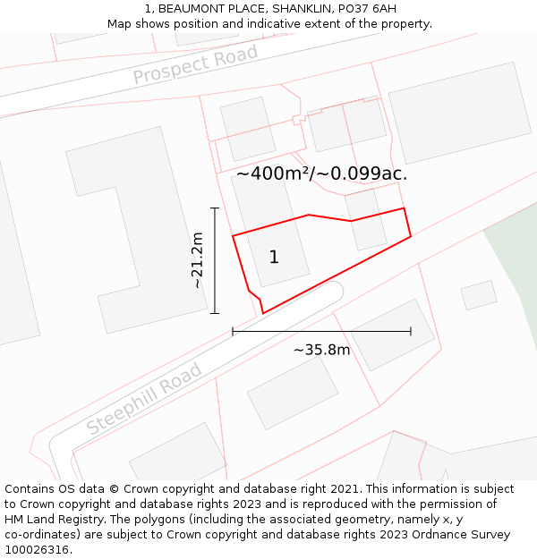 1, BEAUMONT PLACE, SHANKLIN, PO37 6AH: Plot and title map