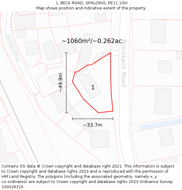 1, BECK ROAD, SPALDING, PE11 1GH: Plot and title map