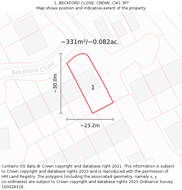 1, BECKFORD CLOSE, CREWE, CW1 3PT: Plot and title map