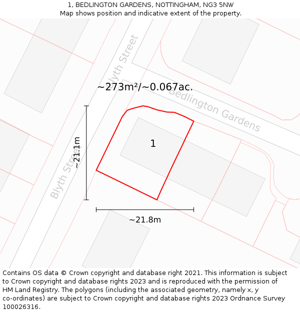 1, BEDLINGTON GARDENS, NOTTINGHAM, NG3 5NW: Plot and title map