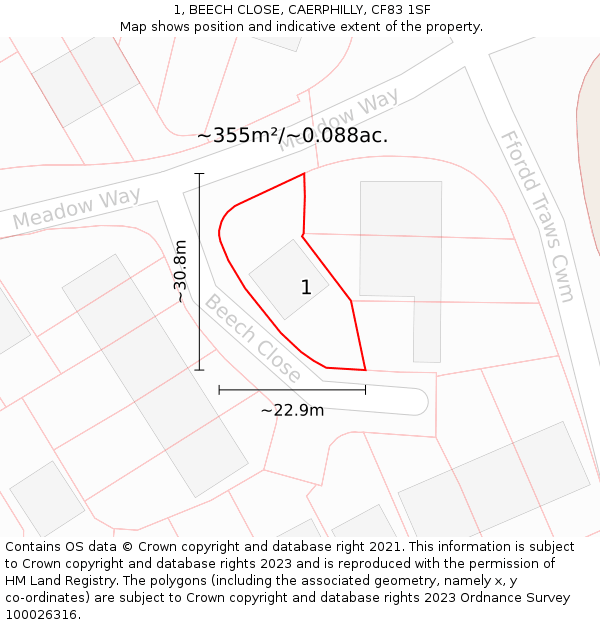 1, BEECH CLOSE, CAERPHILLY, CF83 1SF: Plot and title map