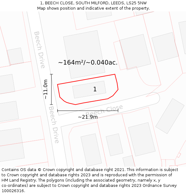 1, BEECH CLOSE, SOUTH MILFORD, LEEDS, LS25 5NW: Plot and title map