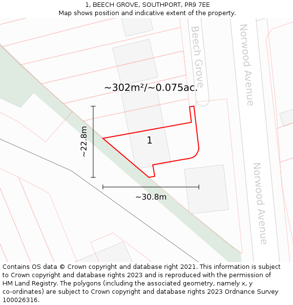 1, BEECH GROVE, SOUTHPORT, PR9 7EE: Plot and title map