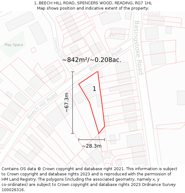 1, BEECH HILL ROAD, SPENCERS WOOD, READING, RG7 1HL: Plot and title map