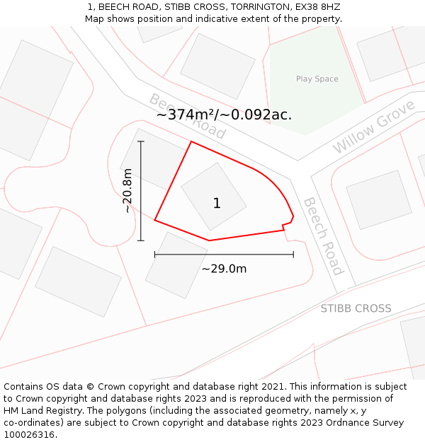 1, BEECH ROAD, STIBB CROSS, TORRINGTON, EX38 8HZ: Plot and title map