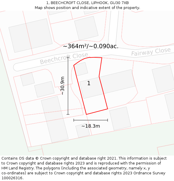 1, BEECHCROFT CLOSE, LIPHOOK, GU30 7XB: Plot and title map