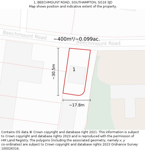 1, BEECHMOUNT ROAD, SOUTHAMPTON, SO16 3JD: Plot and title map