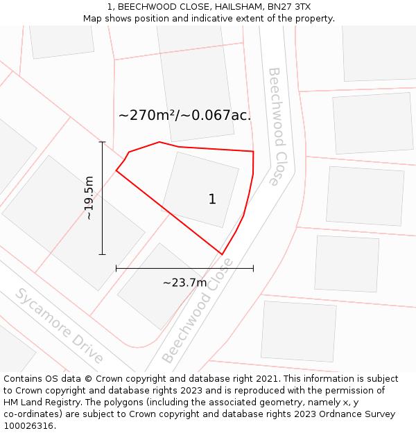 1, BEECHWOOD CLOSE, HAILSHAM, BN27 3TX: Plot and title map