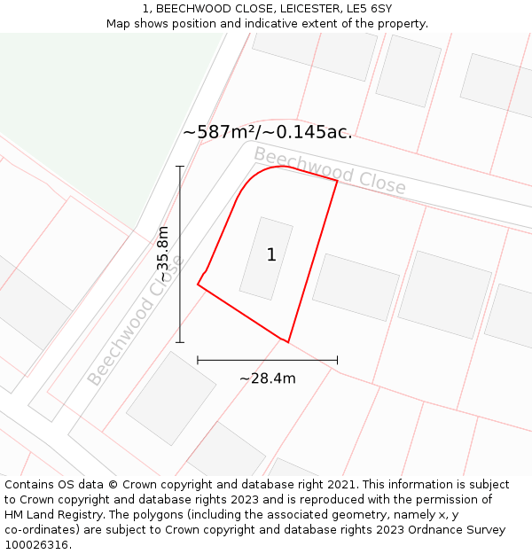 1, BEECHWOOD CLOSE, LEICESTER, LE5 6SY: Plot and title map