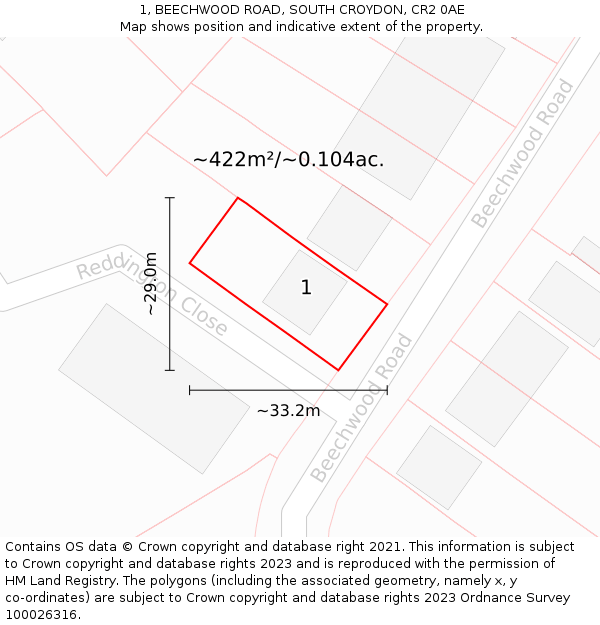 1, BEECHWOOD ROAD, SOUTH CROYDON, CR2 0AE: Plot and title map