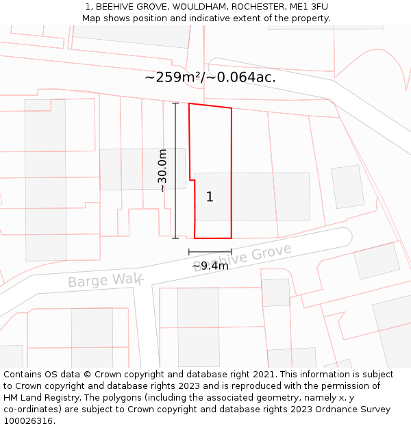 1, BEEHIVE GROVE, WOULDHAM, ROCHESTER, ME1 3FU: Plot and title map