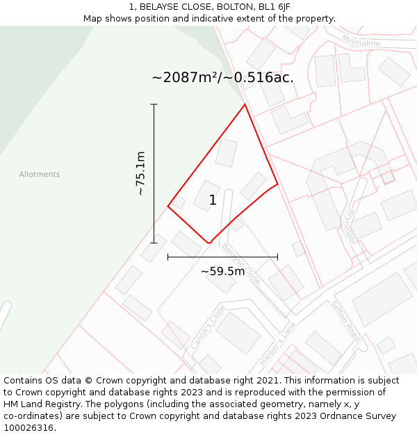 1, BELAYSE CLOSE, BOLTON, BL1 6JF: Plot and title map