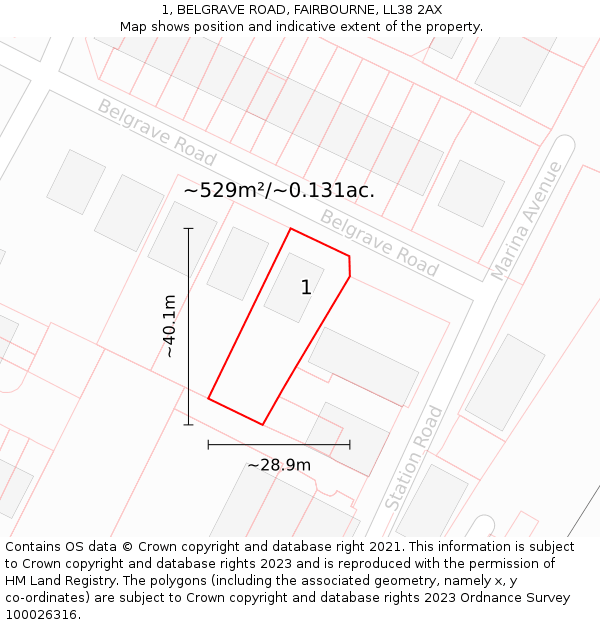 1, BELGRAVE ROAD, FAIRBOURNE, LL38 2AX: Plot and title map