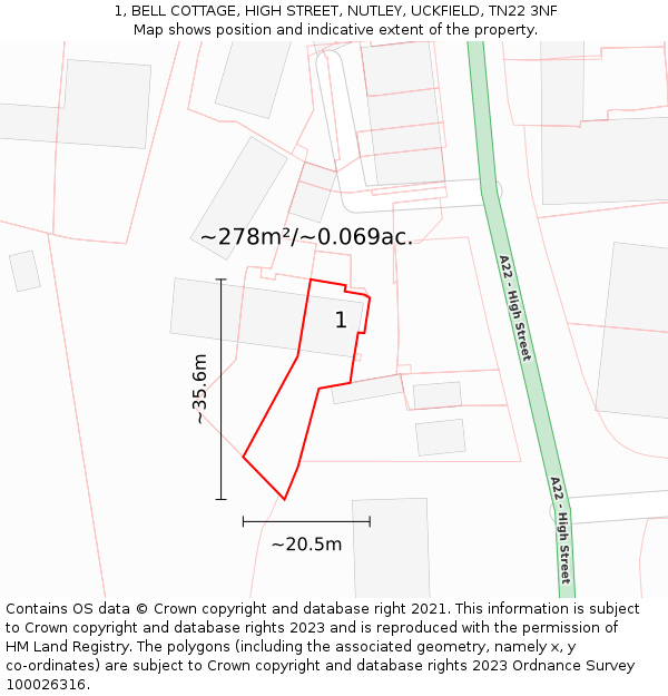 1, BELL COTTAGE, HIGH STREET, NUTLEY, UCKFIELD, TN22 3NF: Plot and title map