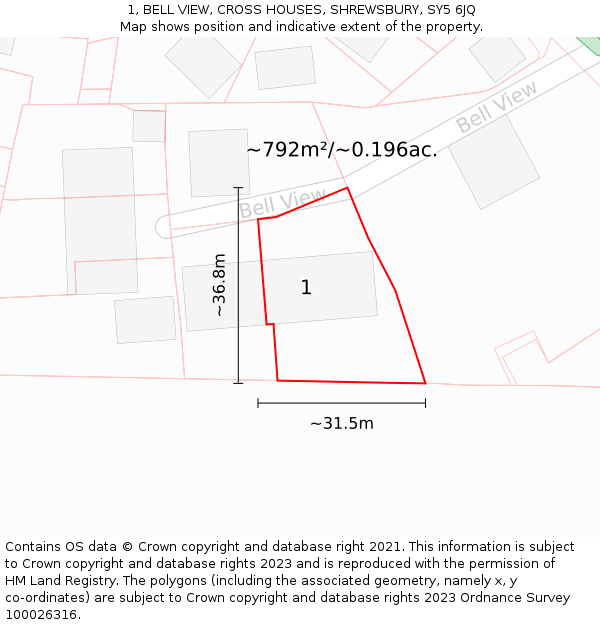 1, BELL VIEW, CROSS HOUSES, SHREWSBURY, SY5 6JQ: Plot and title map