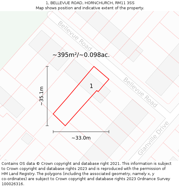 1, BELLEVUE ROAD, HORNCHURCH, RM11 3SS: Plot and title map