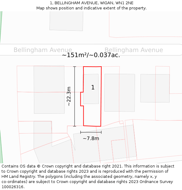 1, BELLINGHAM AVENUE, WIGAN, WN1 2NE: Plot and title map