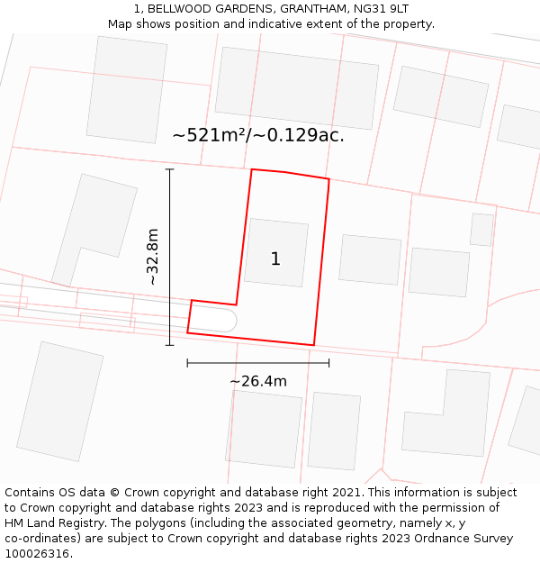 1, BELLWOOD GARDENS, GRANTHAM, NG31 9LT: Plot and title map