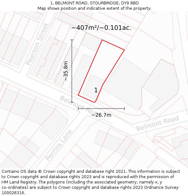 1, BELMONT ROAD, STOURBRIDGE, DY9 8BD: Plot and title map