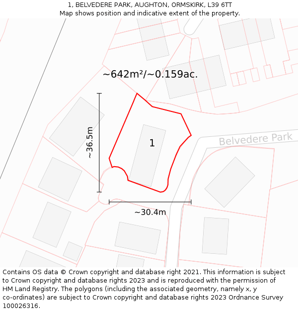 1, BELVEDERE PARK, AUGHTON, ORMSKIRK, L39 6TT: Plot and title map