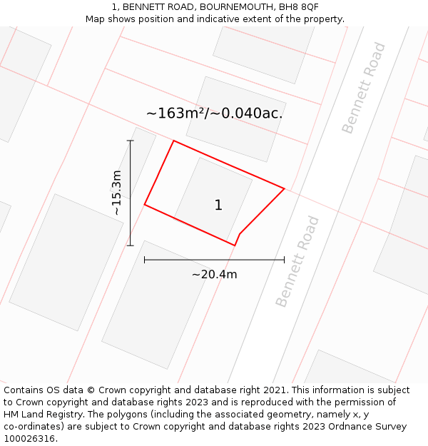 1, BENNETT ROAD, BOURNEMOUTH, BH8 8QF: Plot and title map