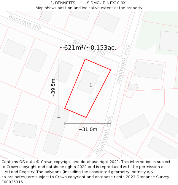 1, BENNETTS HILL, SIDMOUTH, EX10 9XH: Plot and title map