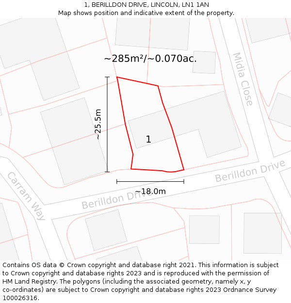 1, BERILLDON DRIVE, LINCOLN, LN1 1AN: Plot and title map