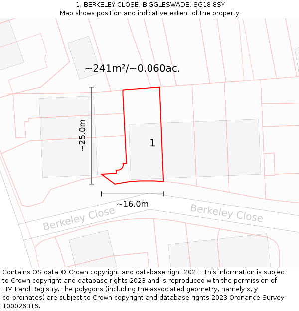 1, BERKELEY CLOSE, BIGGLESWADE, SG18 8SY: Plot and title map