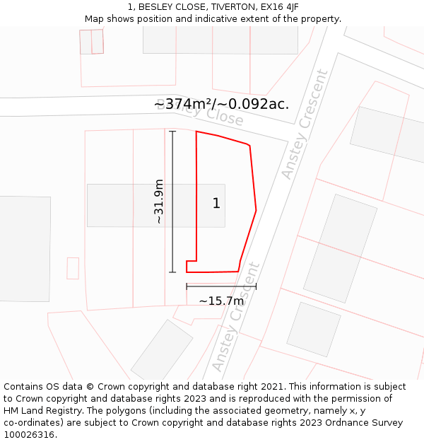 1, BESLEY CLOSE, TIVERTON, EX16 4JF: Plot and title map
