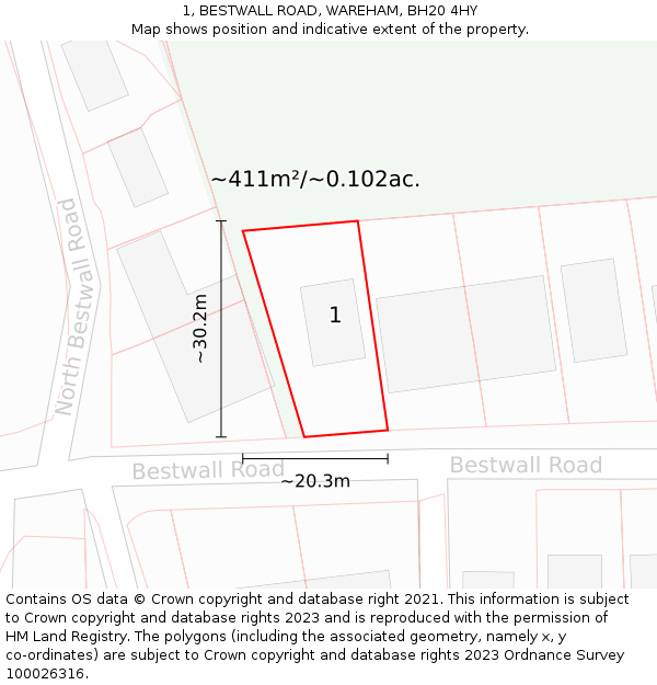 1, BESTWALL ROAD, WAREHAM, BH20 4HY: Plot and title map