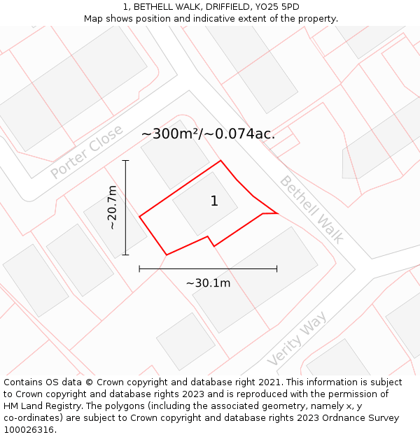 1, BETHELL WALK, DRIFFIELD, YO25 5PD: Plot and title map