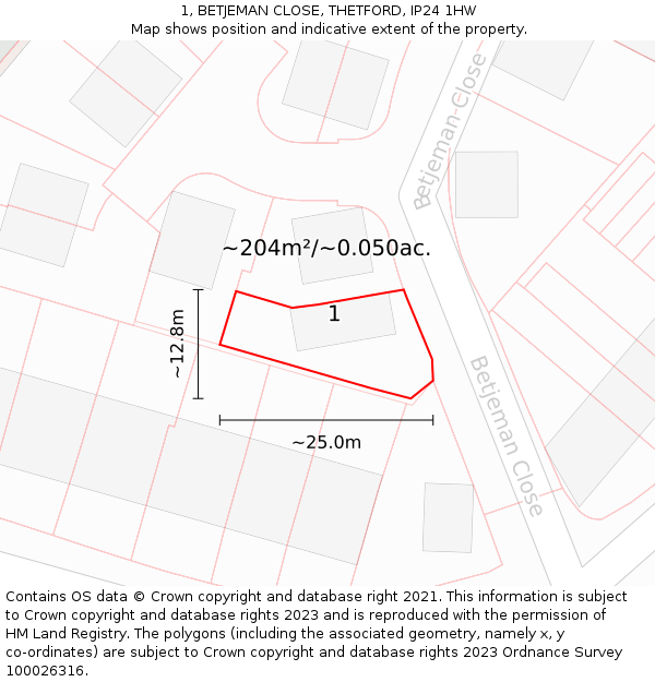 1, BETJEMAN CLOSE, THETFORD, IP24 1HW: Plot and title map