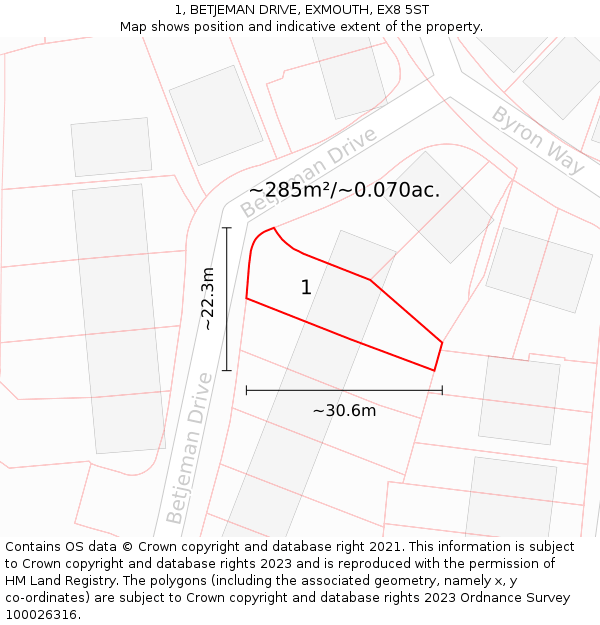 1, BETJEMAN DRIVE, EXMOUTH, EX8 5ST: Plot and title map