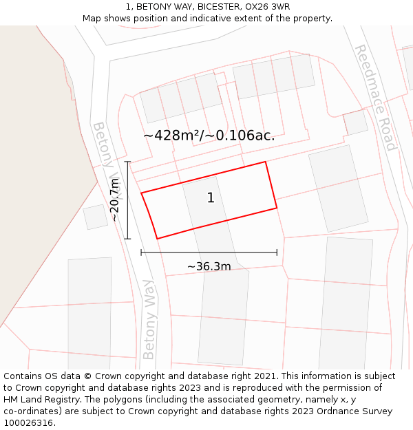 1, BETONY WAY, BICESTER, OX26 3WR: Plot and title map