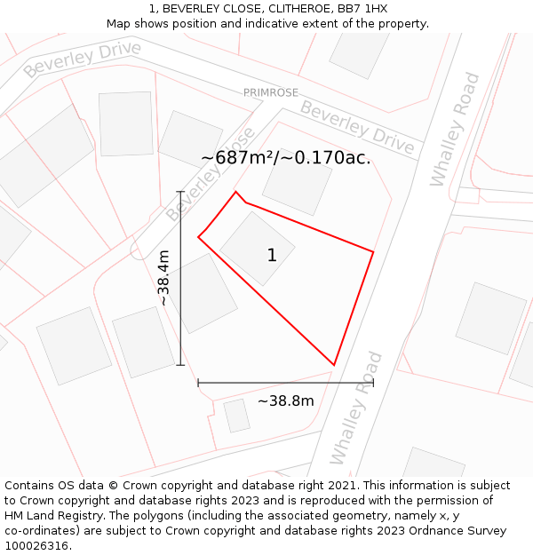 1, BEVERLEY CLOSE, CLITHEROE, BB7 1HX: Plot and title map