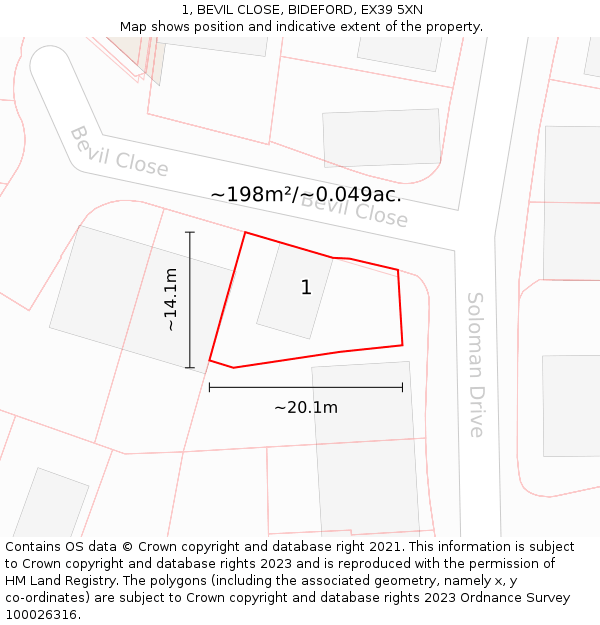 1, BEVIL CLOSE, BIDEFORD, EX39 5XN: Plot and title map