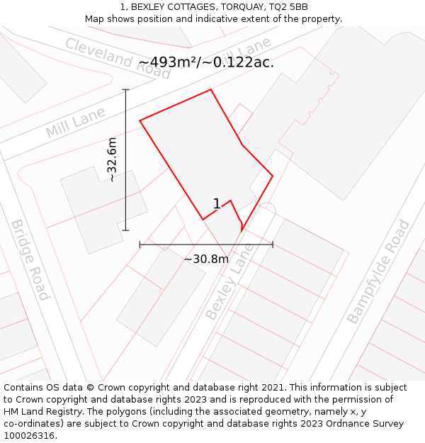 1, BEXLEY COTTAGES, TORQUAY, TQ2 5BB: Plot and title map