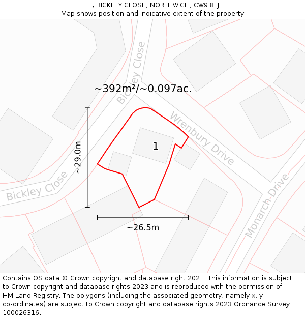 1, BICKLEY CLOSE, NORTHWICH, CW9 8TJ: Plot and title map