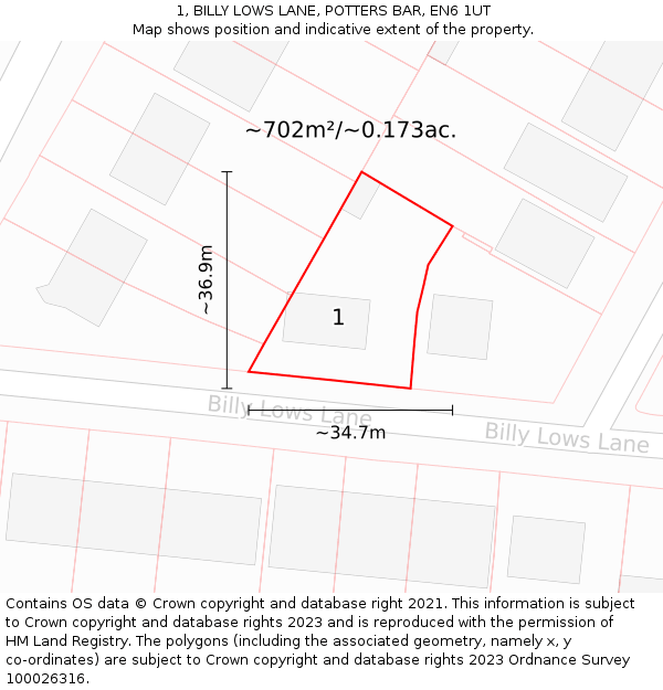 1, BILLY LOWS LANE, POTTERS BAR, EN6 1UT: Plot and title map