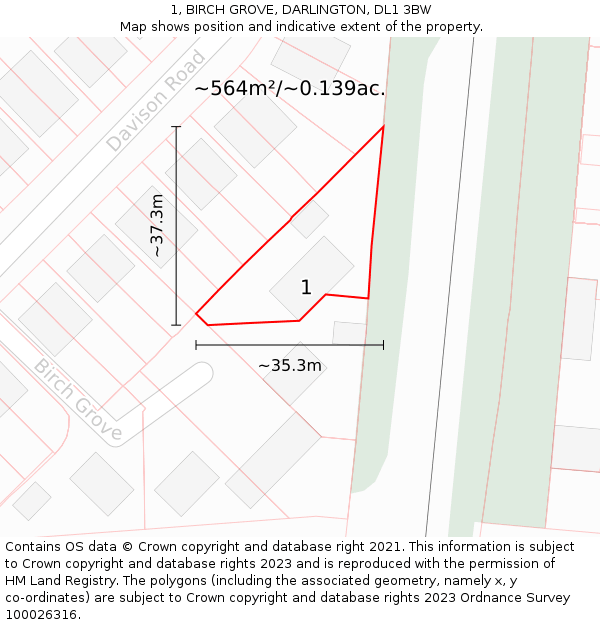 1, BIRCH GROVE, DARLINGTON, DL1 3BW: Plot and title map