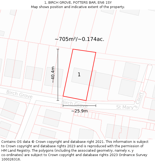 1, BIRCH GROVE, POTTERS BAR, EN6 1SY: Plot and title map