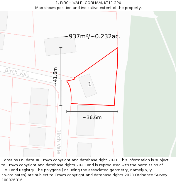 1, BIRCH VALE, COBHAM, KT11 2PX: Plot and title map